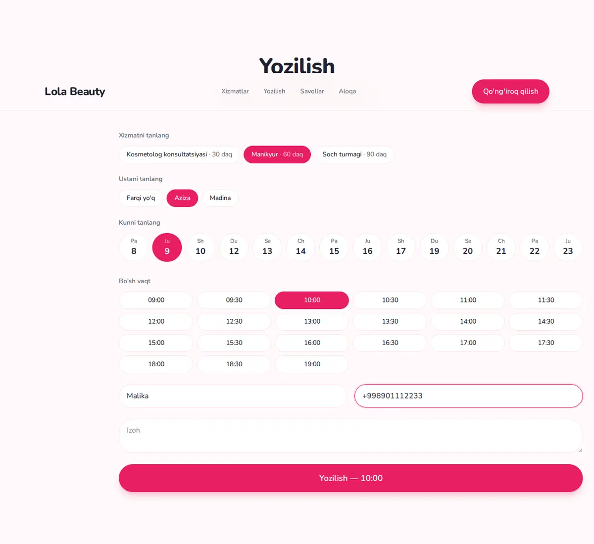 Onlayn yozilish: xizmat, mutaxassis, kun va vaqt