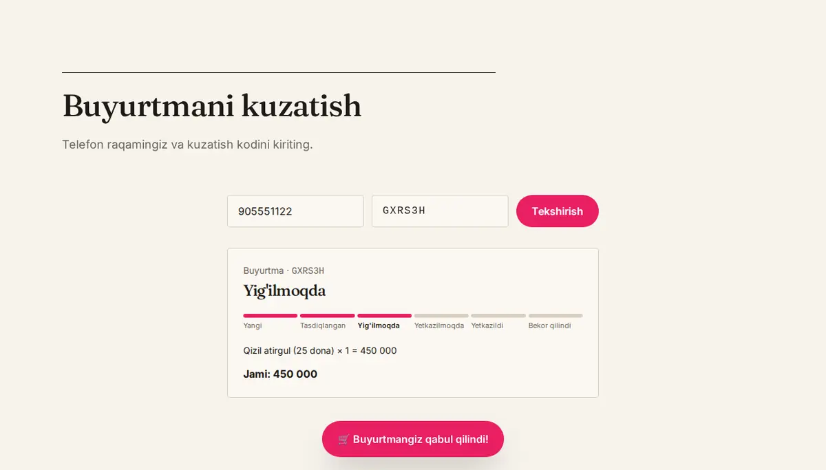 Buyurtmani kod orqali kuzatish